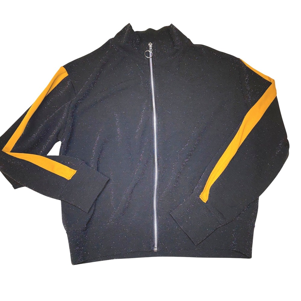 Wild Fable Womens Black Glitter Track Jacket Mustard Yellow Stripe Zip Up Medium
